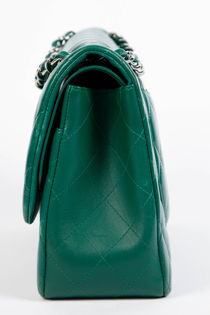 2010s Chanel Emerald Green Lambskin Leather Jumbo Double Flap Shoulder Bag