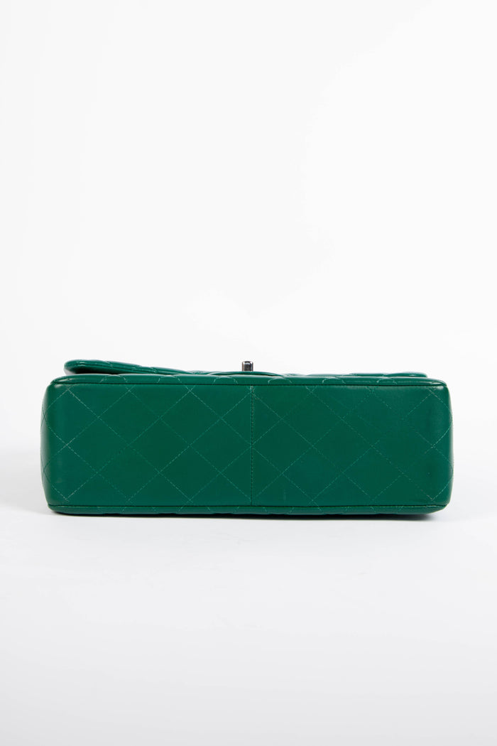 2010s Chanel Emerald Green Lambskin Leather Jumbo Double Flap Shoulder Bag