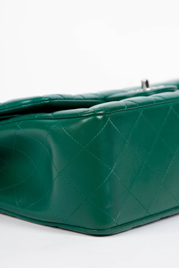 2010s Chanel Emerald Green Lambskin Leather Jumbo Double Flap Shoulder Bag