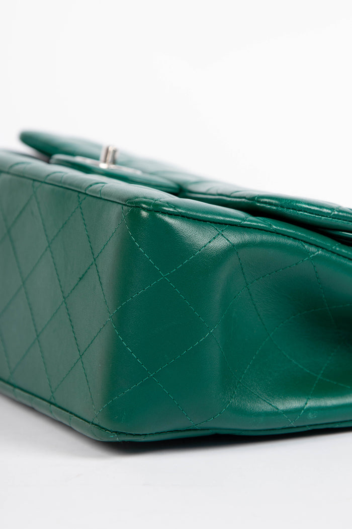 2010s Chanel Emerald Green Lambskin Leather Jumbo Double Flap Shoulder Bag