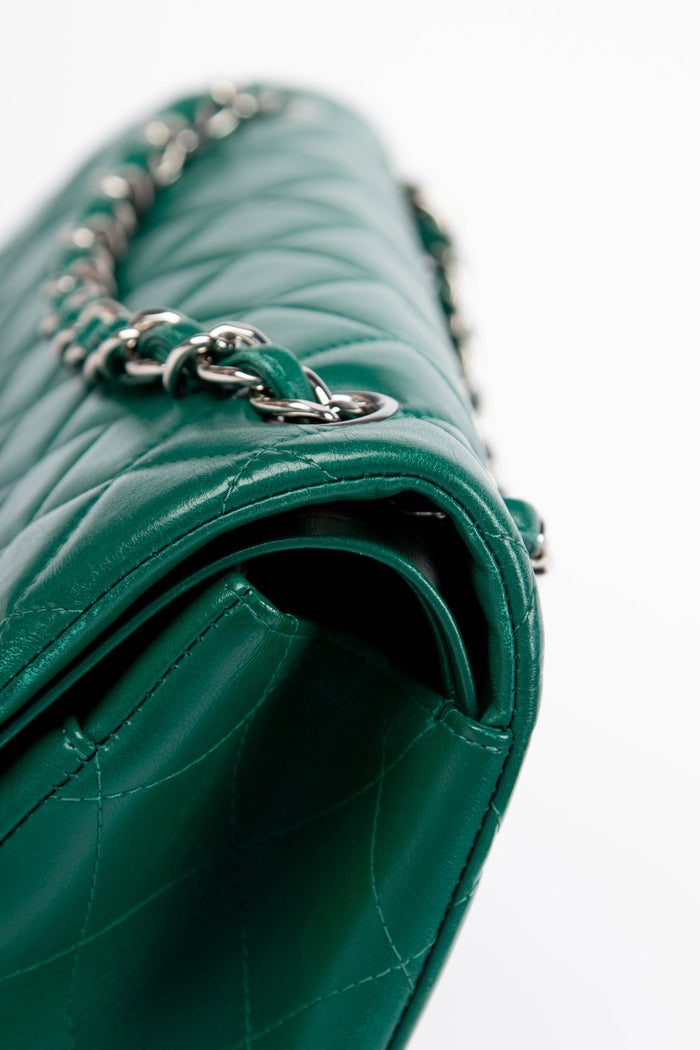 2010s Chanel Emerald Green Lambskin Leather Jumbo Double Flap Shoulder Bag