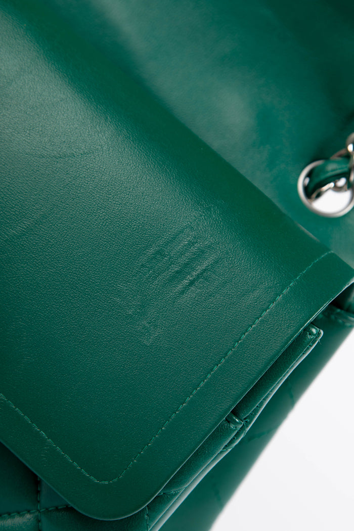 2010s Chanel Emerald Green Lambskin Leather Jumbo Double Flap Shoulder Bag