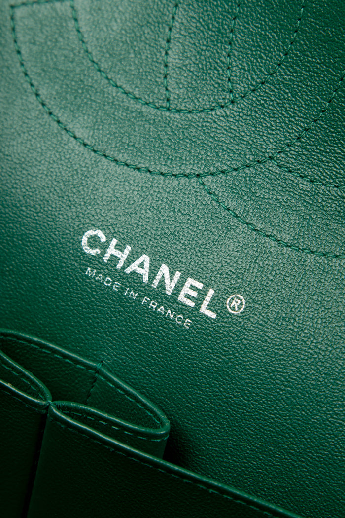 2010s Chanel Emerald Green Lambskin Leather Jumbo Double Flap Shoulder Bag