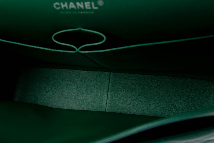 2010s Chanel Emerald Green Lambskin Leather Jumbo Double Flap Shoulder Bag