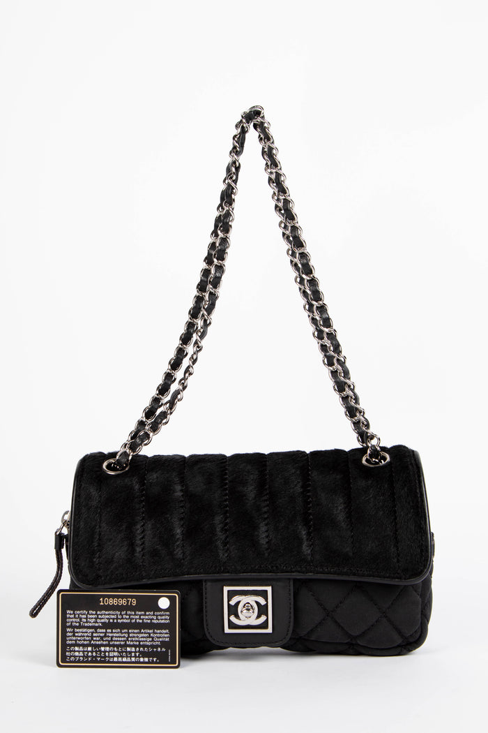 2000s Chanel Sports Line Black Pony Hair Quilted Shoulder Bag