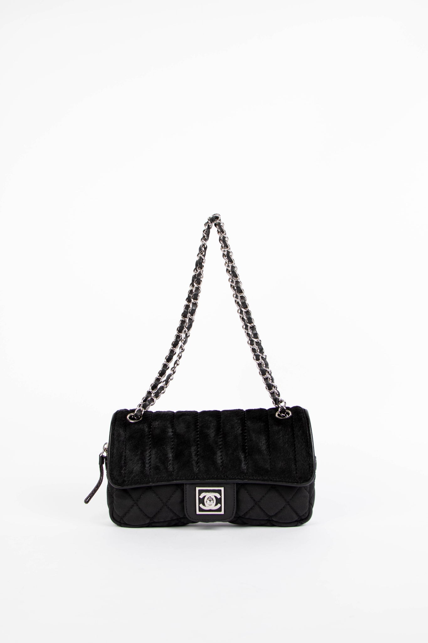 2000s Chanel Sports Line Black Pony Hair Quilted Shoulder Bag