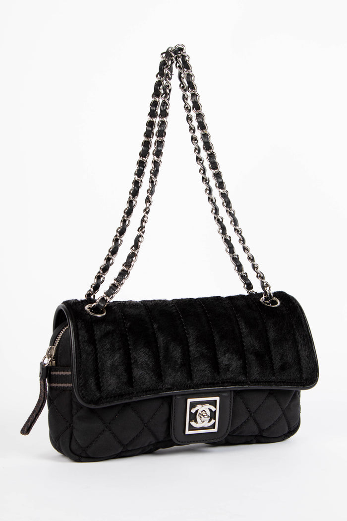 2000s Chanel Sports Line Black Pony Hair Quilted Shoulder Bag