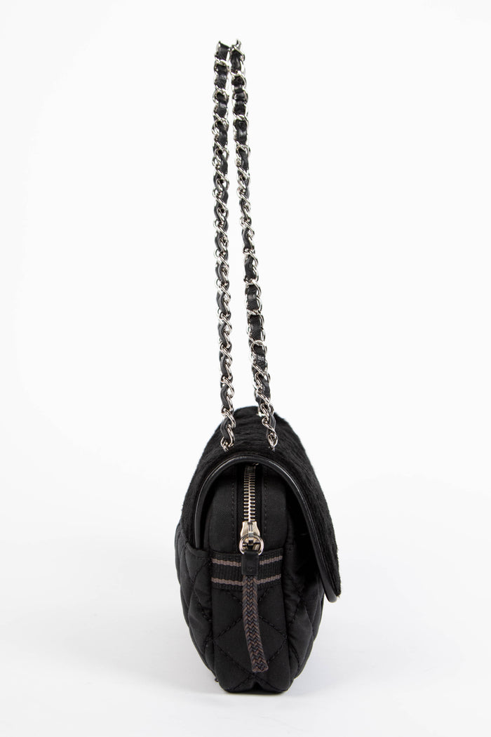 2000s Chanel Sports Line Black Pony Hair Quilted Shoulder Bag