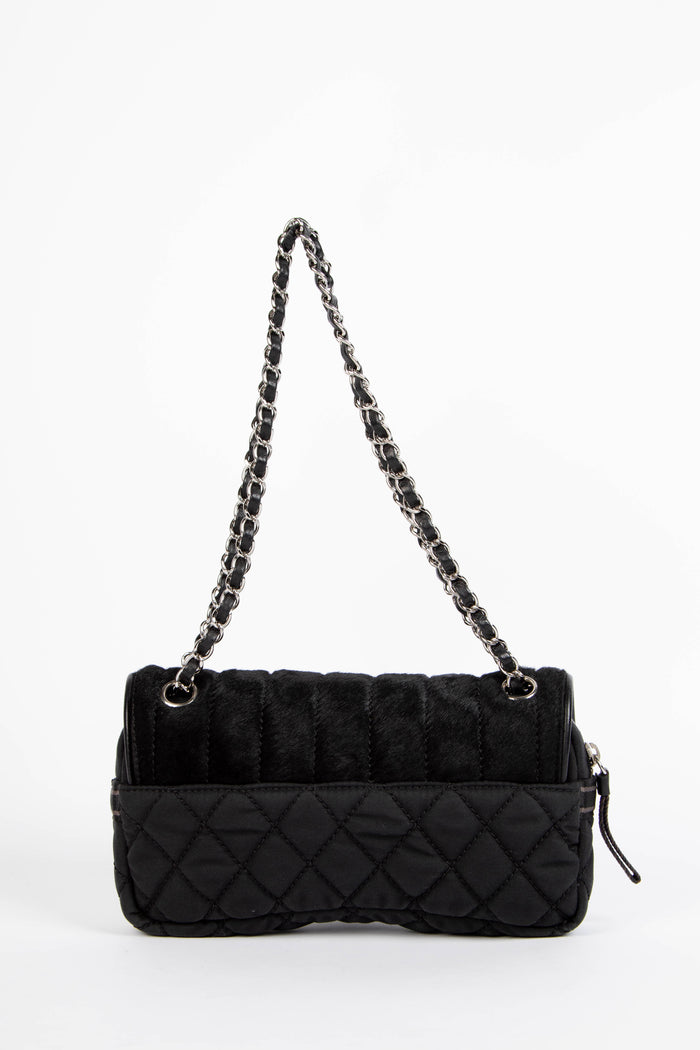 2000s Chanel Sports Line Black Pony Hair Quilted Shoulder Bag