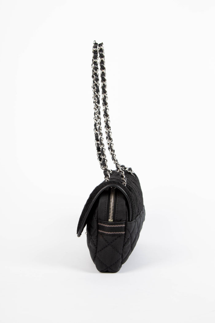 2000s Chanel Sports Line Black Pony Hair Quilted Shoulder Bag