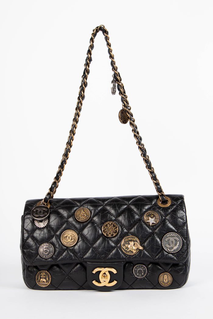 RARE Chanel Black Aged Calfskin Coin Medallion Medium Single Flap Shoulder Bag