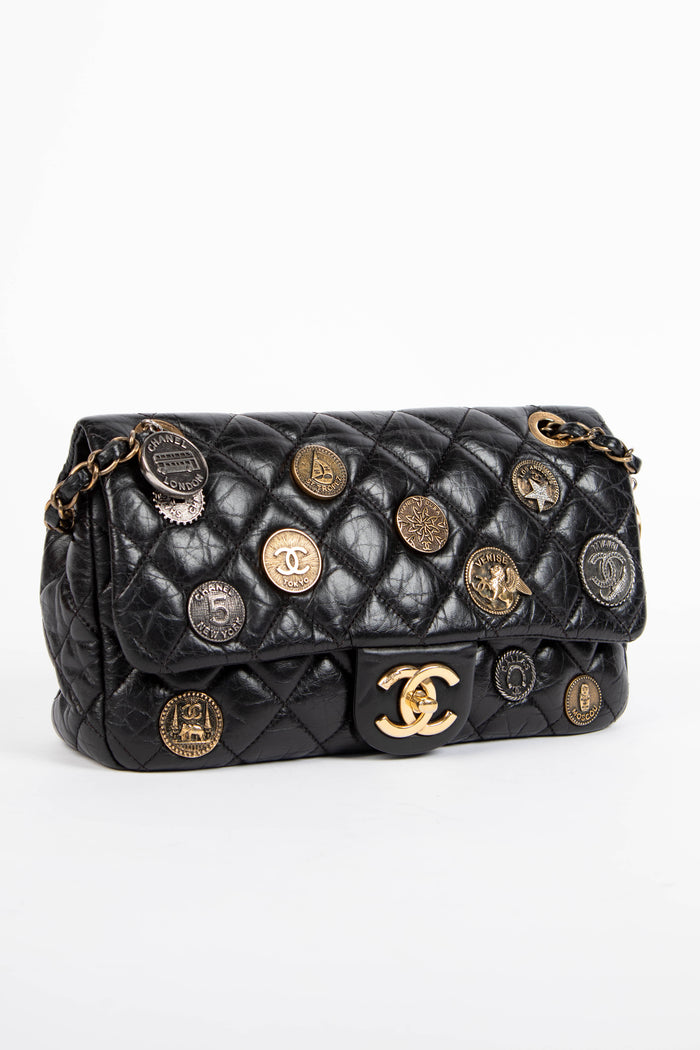 RARE Chanel Black Aged Calfskin Coin Medallion Medium Single Flap Shoulder Bag