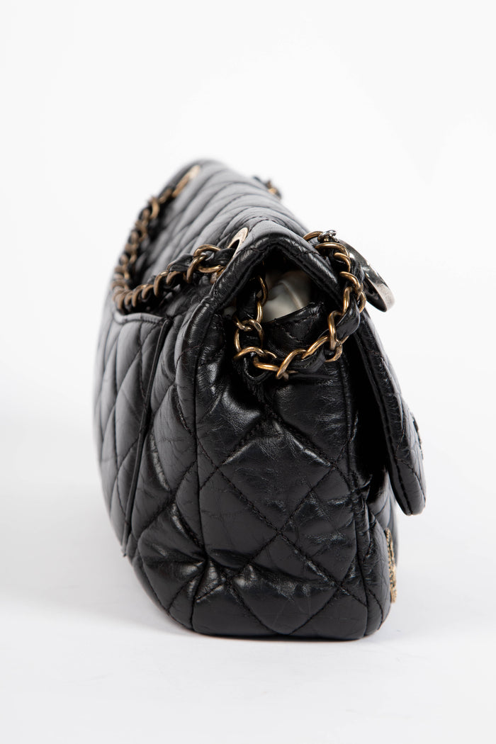 RARE Chanel Black Aged Calfskin Coin Medallion Medium Single Flap Shoulder Bag