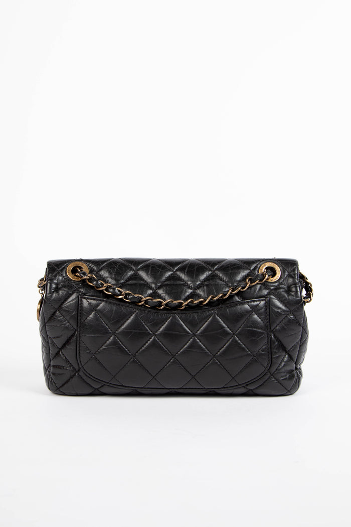 RARE Chanel Black Aged Calfskin Coin Medallion Medium Single Flap Shoulder Bag