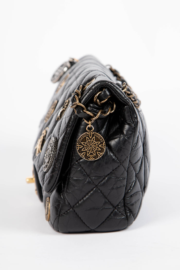 RARE Chanel Black Aged Calfskin Coin Medallion Medium Single Flap Shoulder Bag