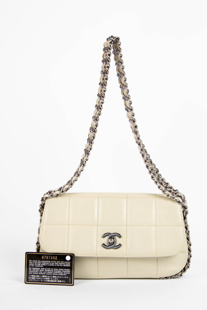 2000s Chanel White Chain Small Chocolate Bar Shoulder Bag