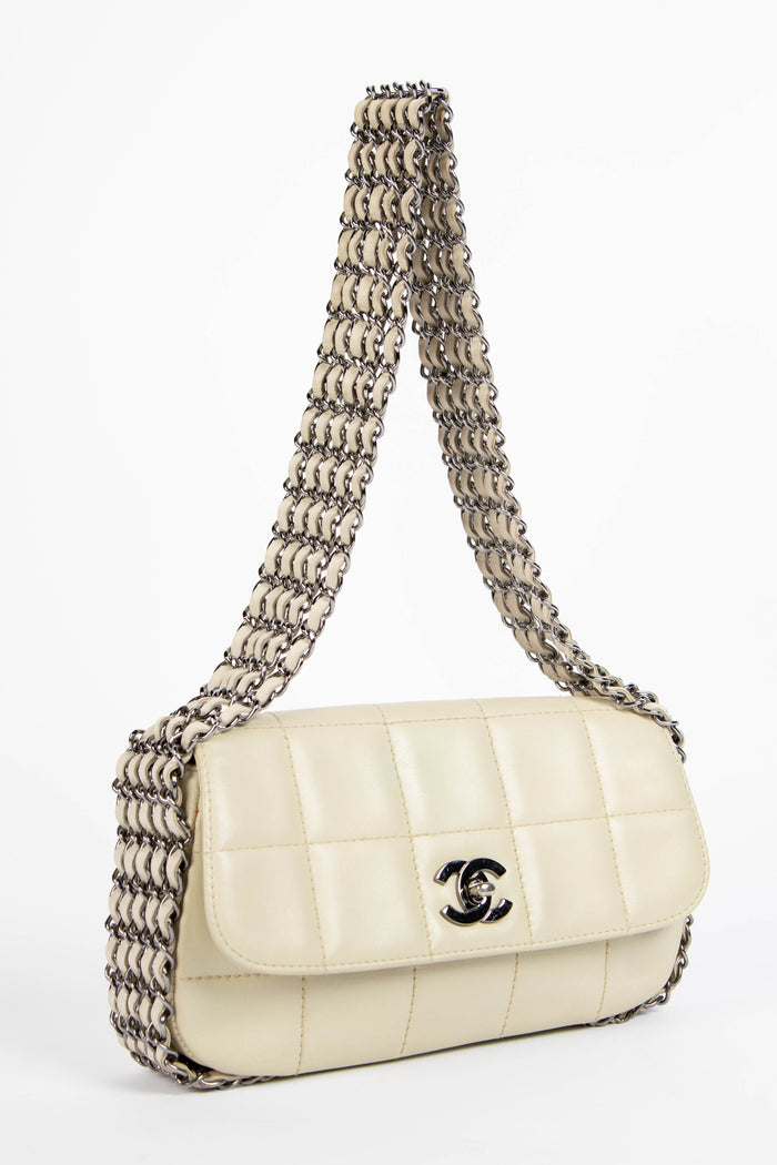 2000s Chanel White Chain Small Chocolate Bar Shoulder Bag