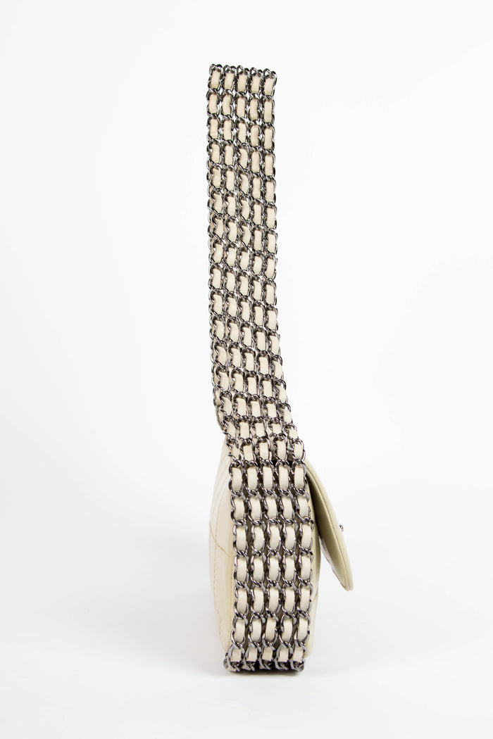 2000s Chanel White Chain Small Chocolate Bar Shoulder Bag