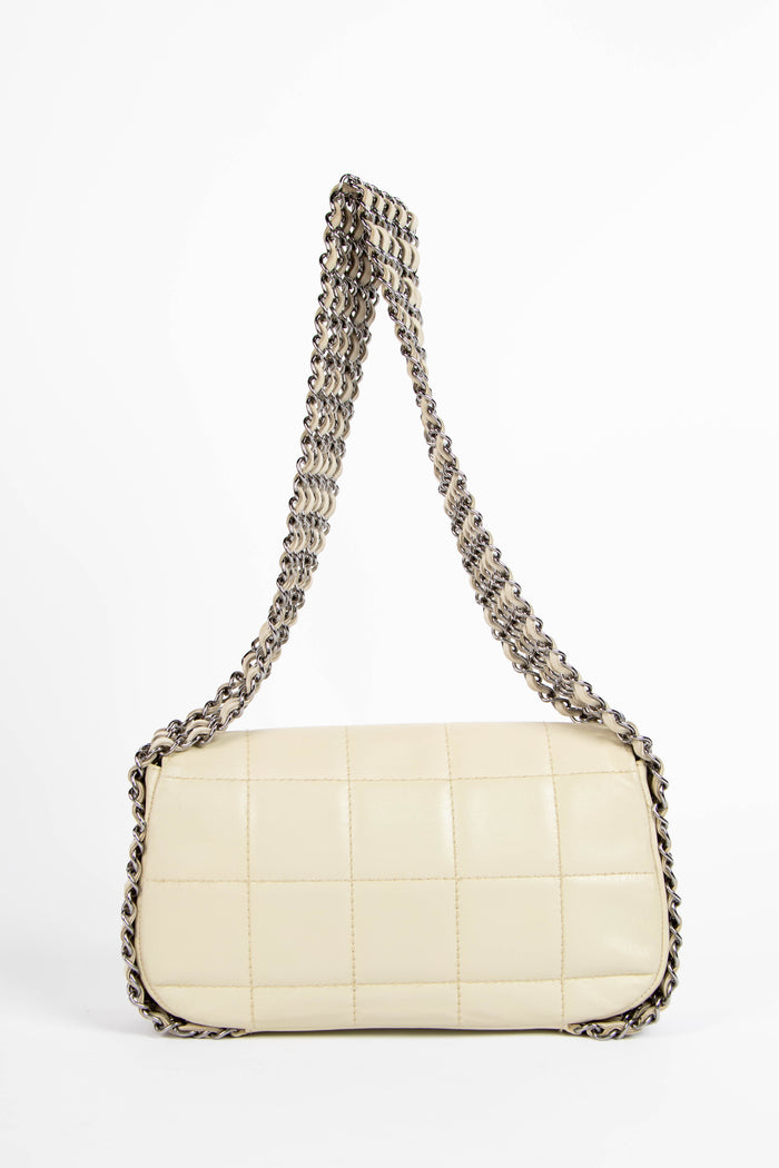 2000s Chanel White Chain Small Chocolate Bar Shoulder Bag