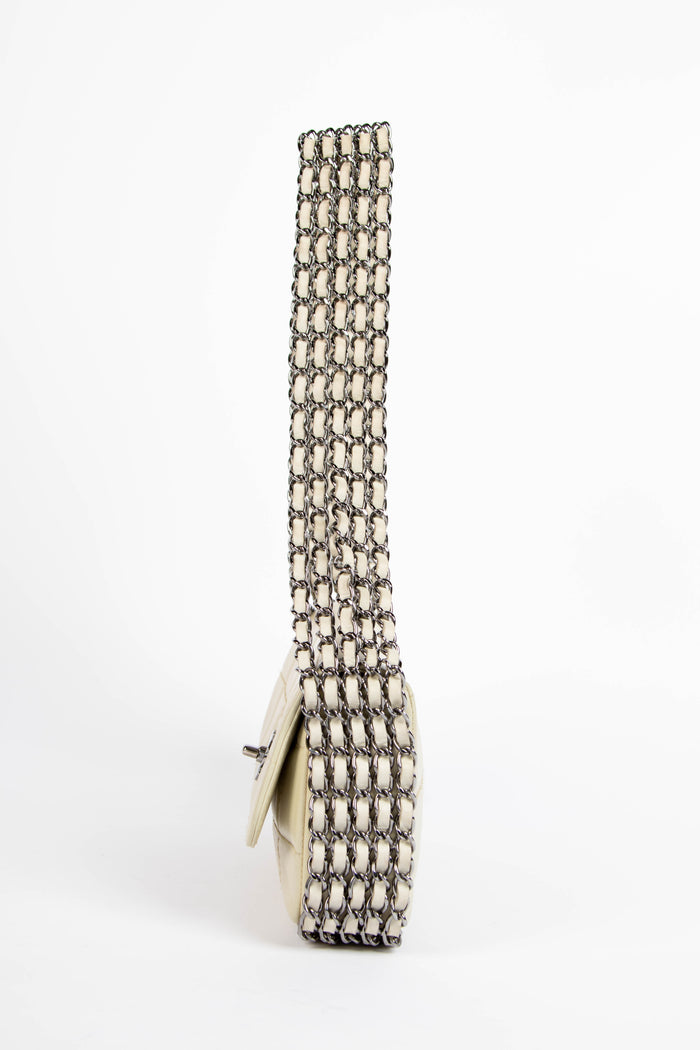 2000s Chanel White Chain Small Chocolate Bar Shoulder Bag