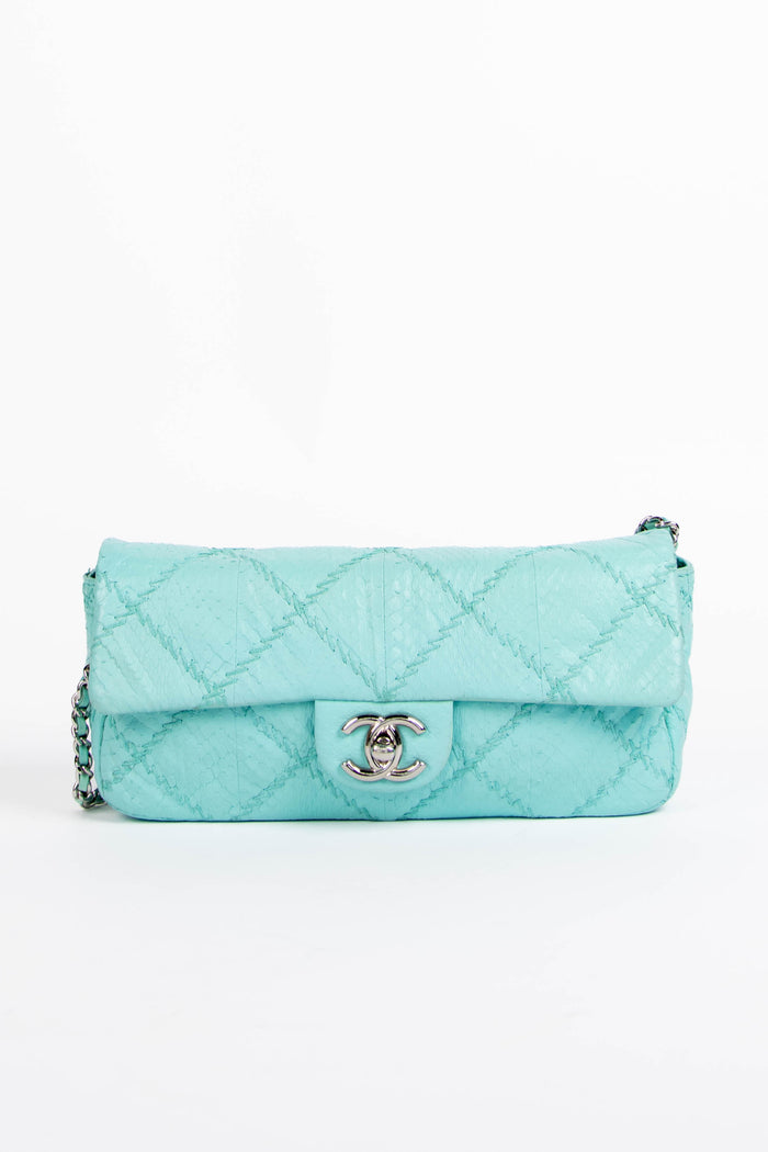 2010s Chanel Blue Python Leather Ultimate Stitch Single Flap Shoulder Bag