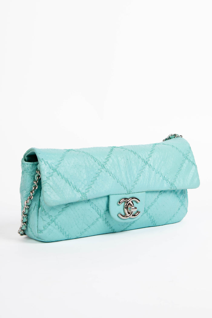 2010s Chanel Blue Python Leather Ultimate Stitch Single Flap Shoulder Bag