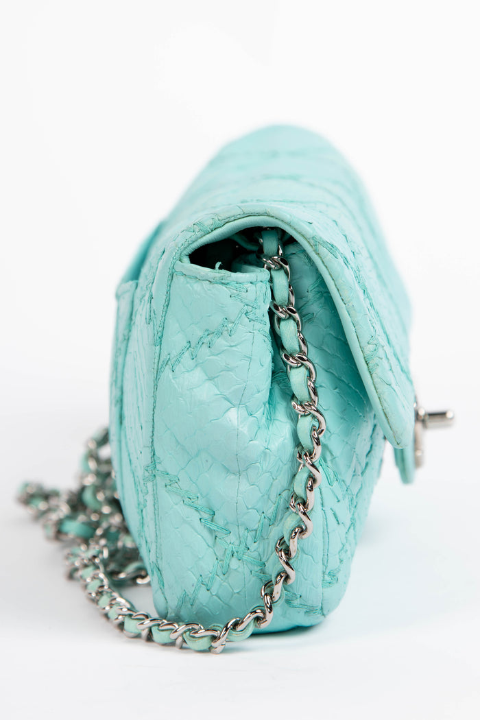 2010s Chanel Blue Python Leather Ultimate Stitch Single Flap Shoulder Bag