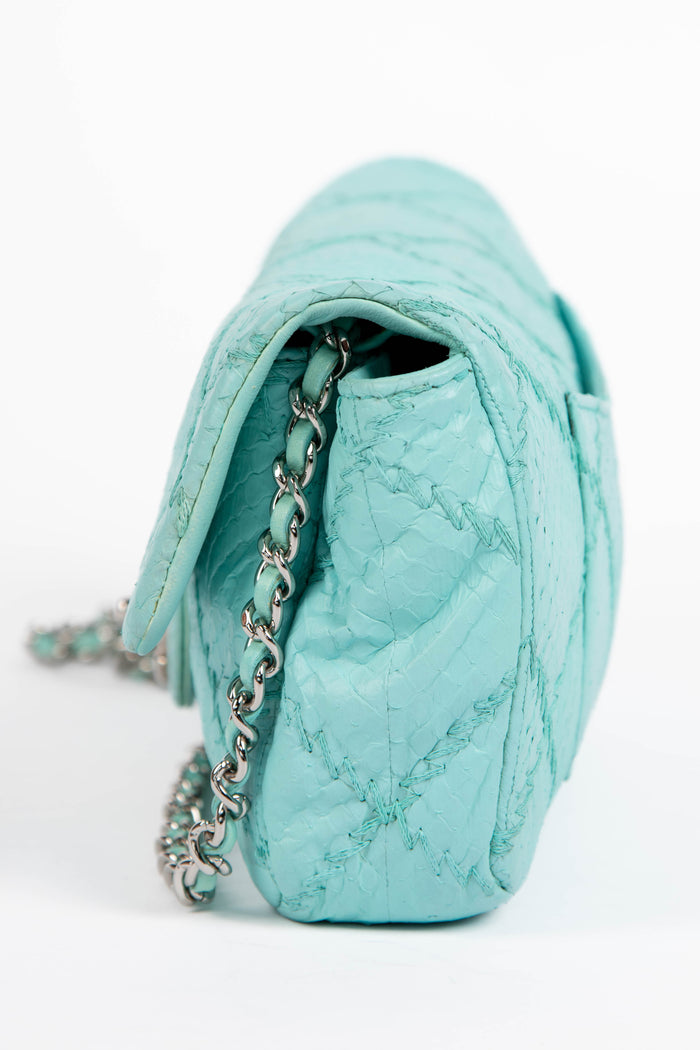 2010s Chanel Blue Python Leather Ultimate Stitch Single Flap Shoulder Bag