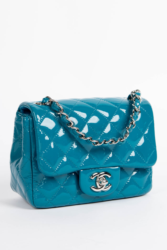 2010s Chanel Blue Patent Leather Mini Square Single Flap Shoulder Bag