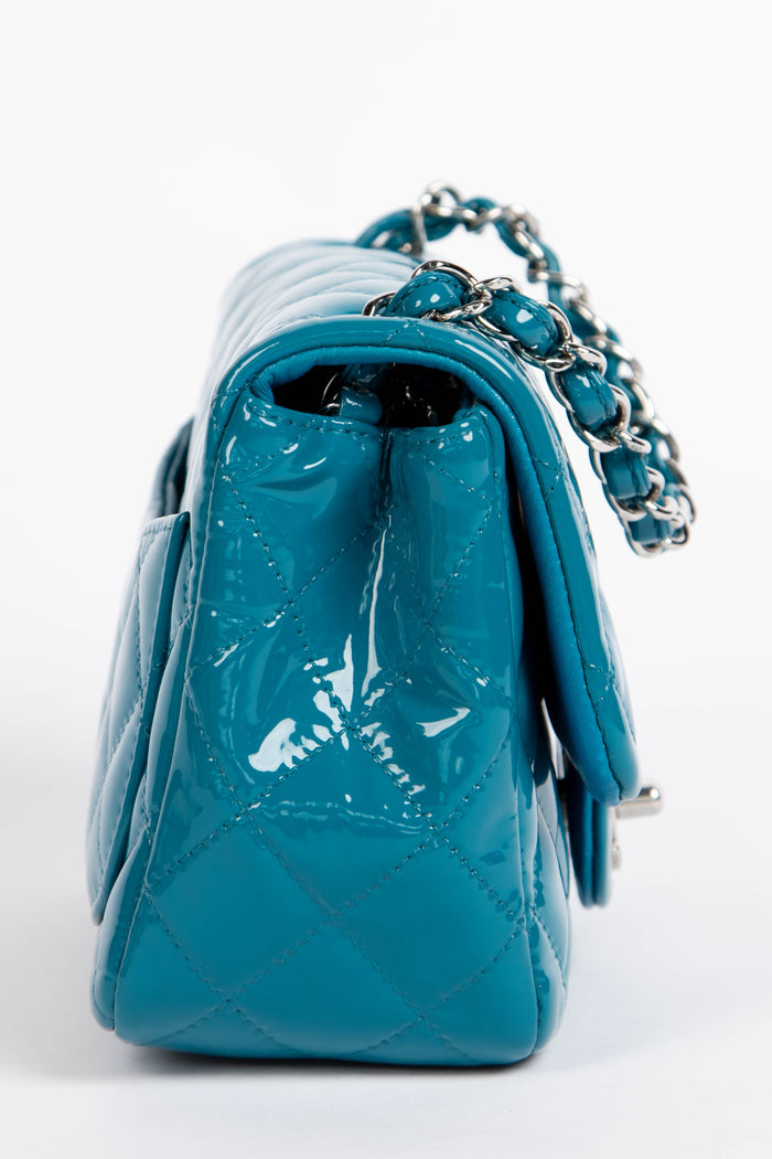 2010s Chanel Blue Patent Leather Mini Square Single Flap Shoulder Bag