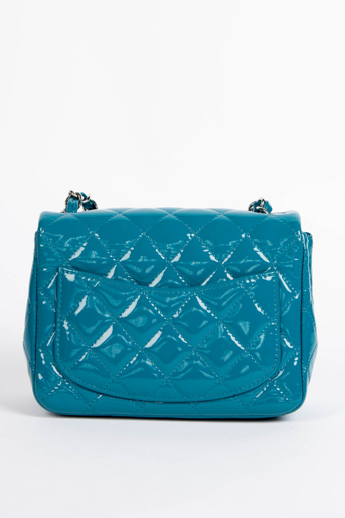 2010s Chanel Blue Patent Leather Mini Square Single Flap Shoulder Bag