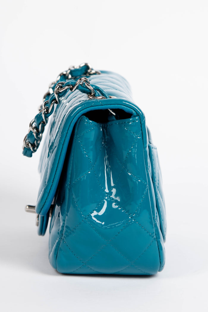 2010s Chanel Blue Patent Leather Mini Square Single Flap Shoulder Bag