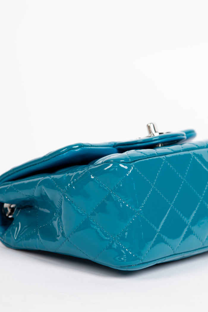 2010s Chanel Blue Patent Leather Mini Square Single Flap Shoulder Bag