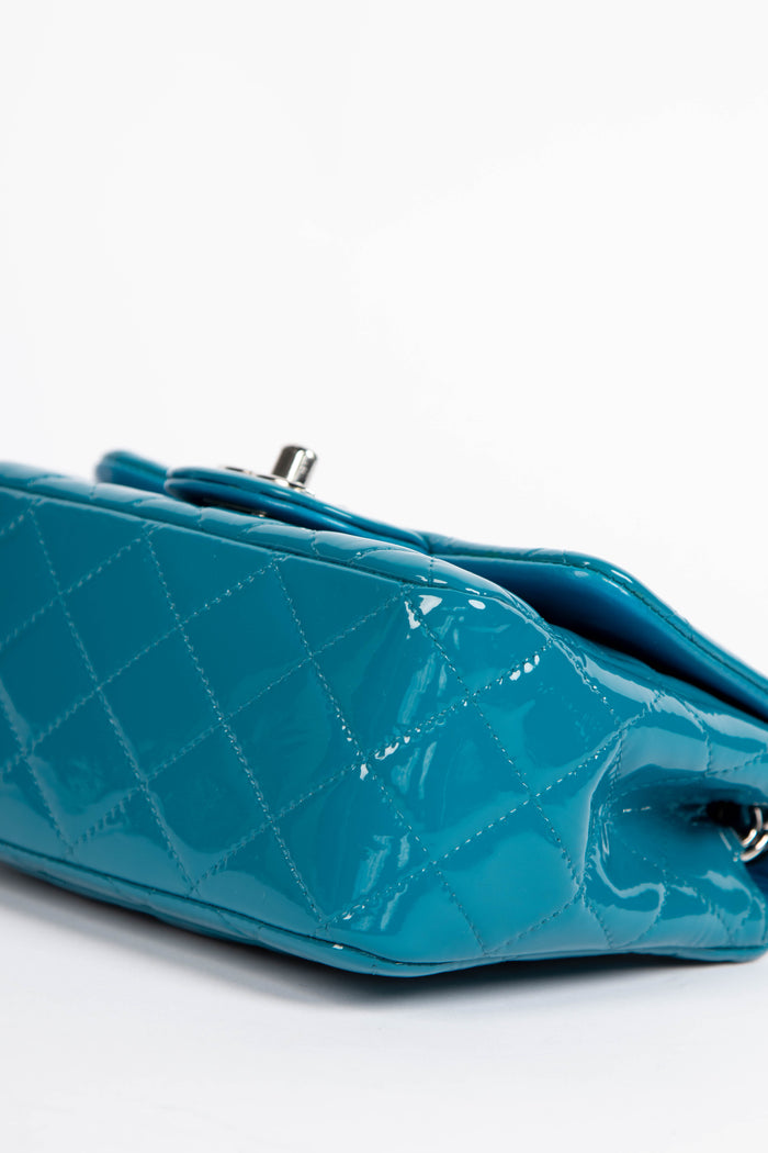 2010s Chanel Blue Patent Leather Mini Square Single Flap Shoulder Bag