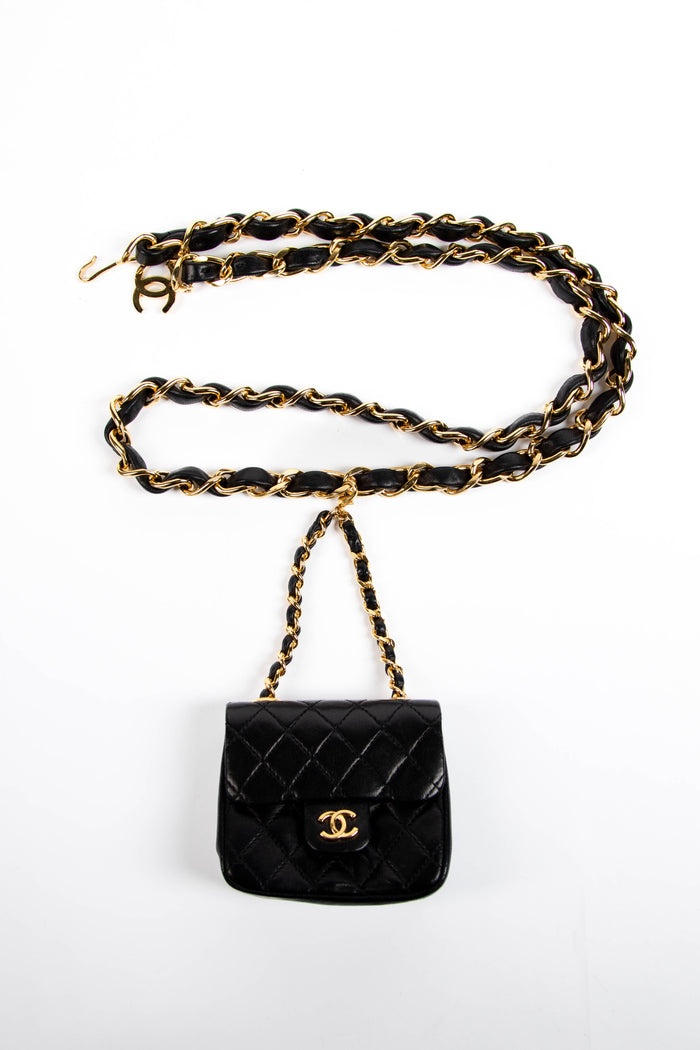RARE 90s Chanel Black Lambskin Leather Belt Bag