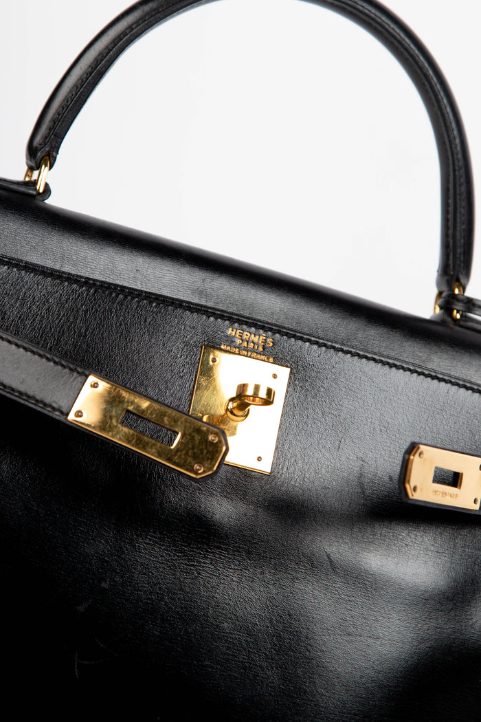 1978 Hermès Kelly 28cm Retourne in Black Box Calf Leather with GHW