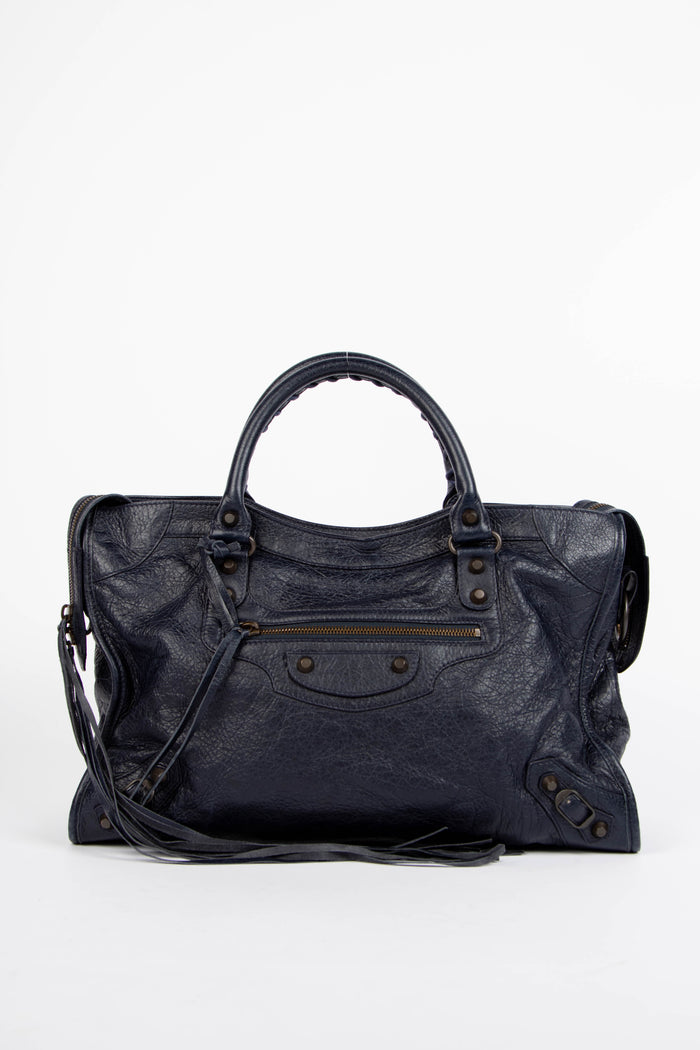 2010s Balenciaga Navy Leather City Bag