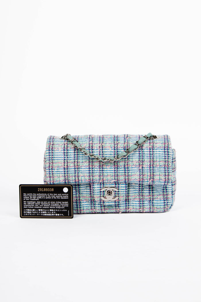 2019 Chanel Blue Tweed Mini Rectangular Flap Shoulder Bag