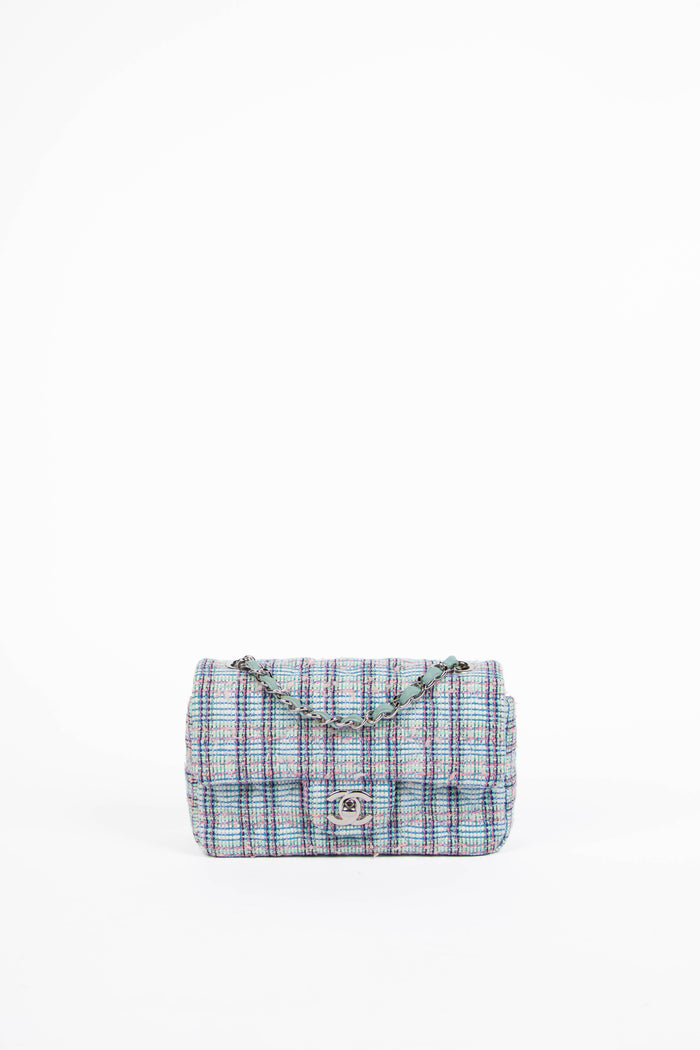 2019 Chanel Blue Tweed Mini Rectangular Flap Shoulder Bag