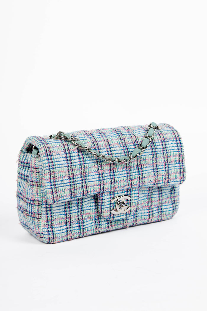 2019 Chanel Blue Tweed Mini Rectangular Flap Shoulder Bag