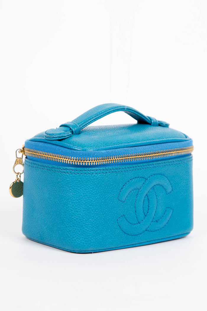 90s Chanel Blue Caviar Leather Mini Vanity Case