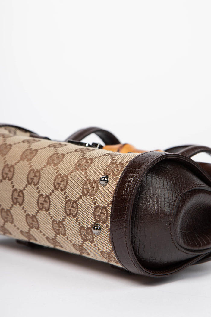 Vintage Gucci Monogram Canvas Mini Bamboo Bullet Shoulder Bag
