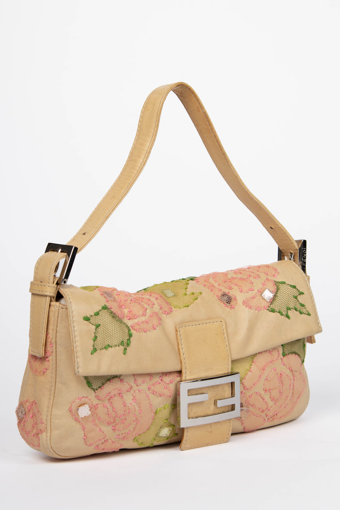 Vintage Fendi Lambskin Baguette with Mesh Flower Appliqué