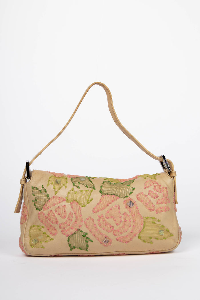 Vintage Fendi Lambskin Baguette with Mesh Flower Appliqué