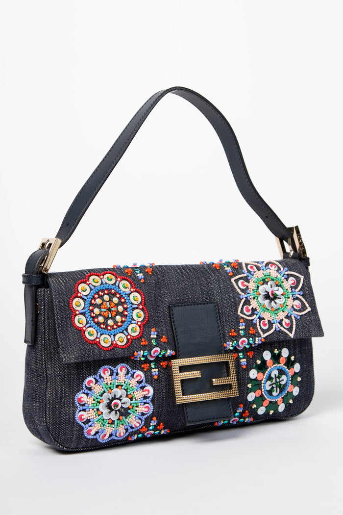 SUPER RARE Fendi Denim Beaded Baguette Shoulder Bag