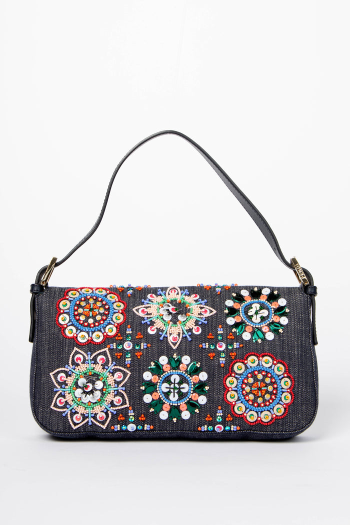 SUPER RARE Fendi Denim Beaded Baguette Shoulder Bag