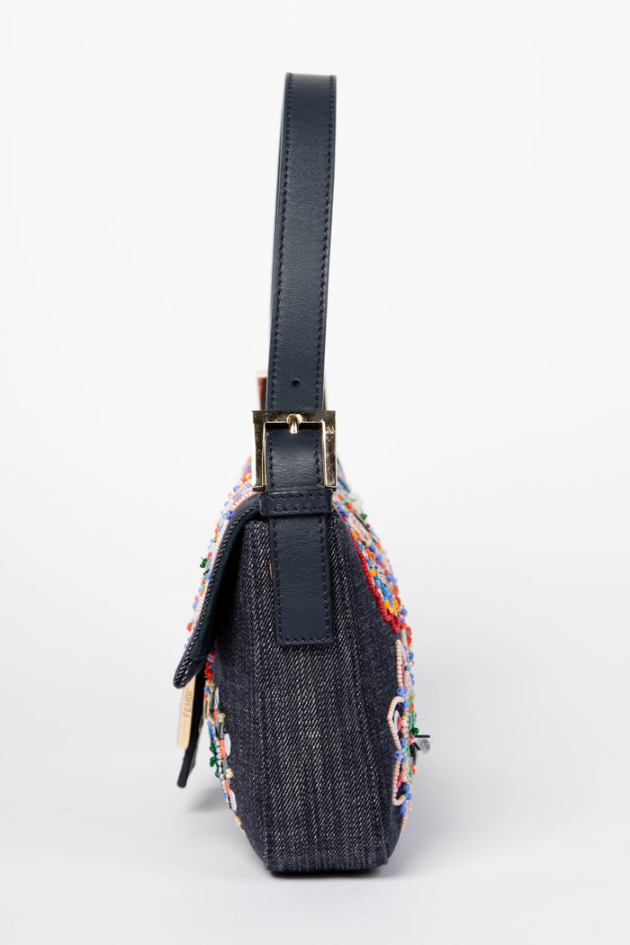 SUPER RARE Fendi Denim Beaded Baguette Shoulder Bag