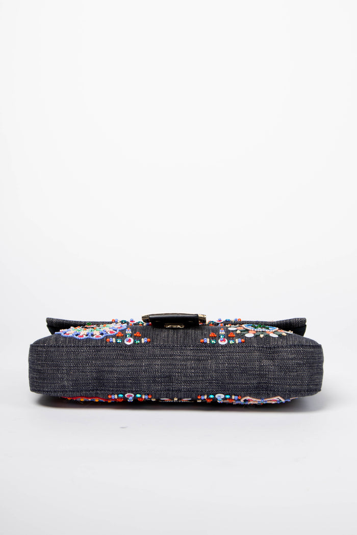SUPER RARE Fendi Denim Beaded Baguette Shoulder Bag