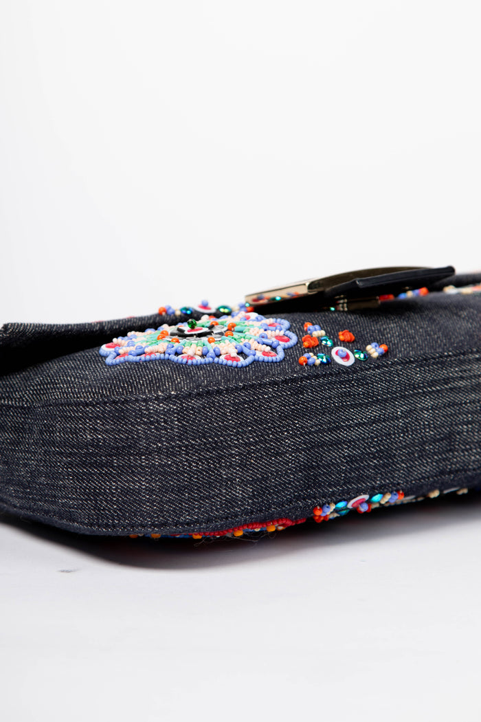 SUPER RARE Fendi Denim Beaded Baguette Shoulder Bag