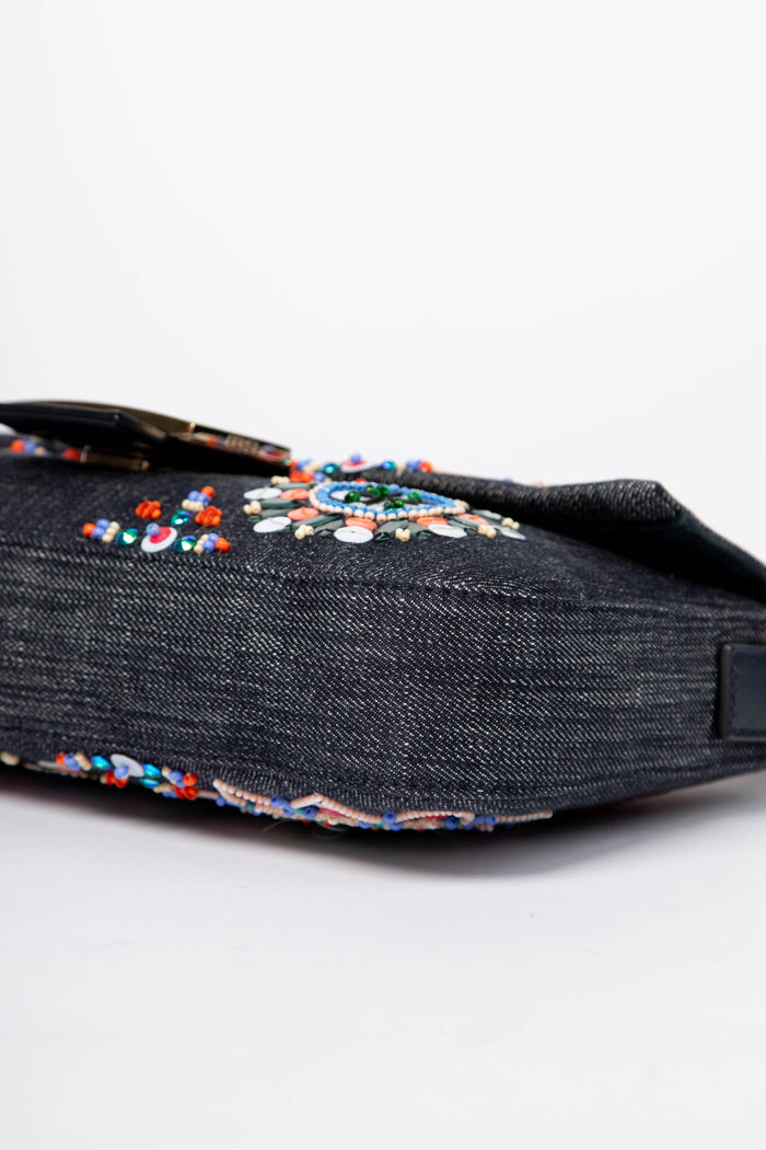 SUPER RARE Fendi Denim Beaded Baguette Shoulder Bag